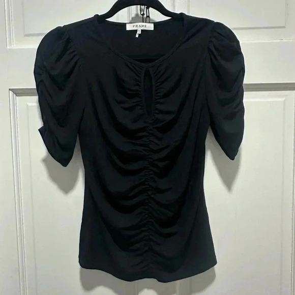 FRAME Black Key Hole Ruched Blouse Size XS EUC - Picture 2 of 3